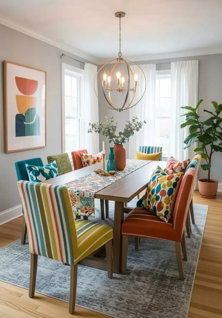 Patterned textiles bringing color and visual interest to a dining room
