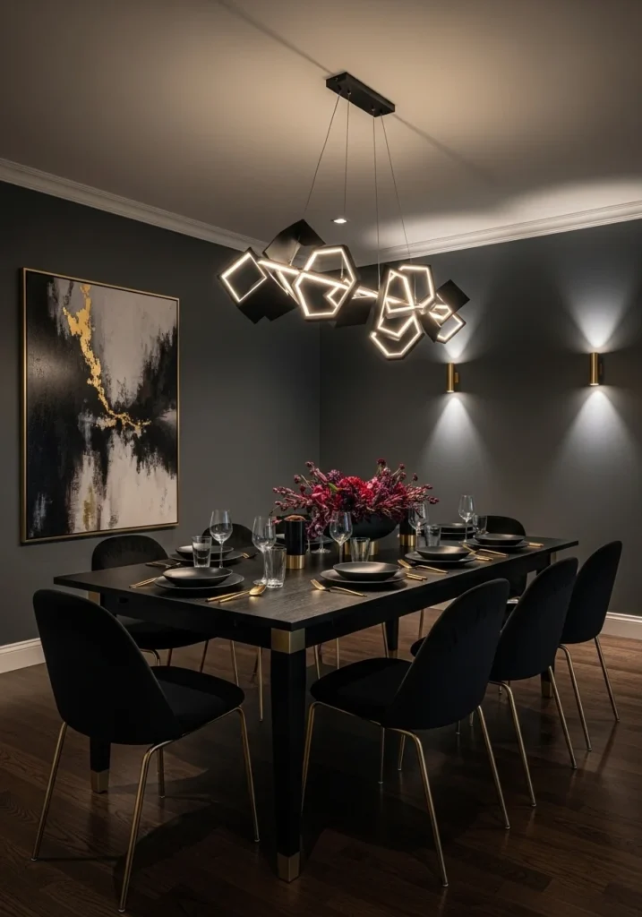 moody dining room with matte black and gold metallic accents