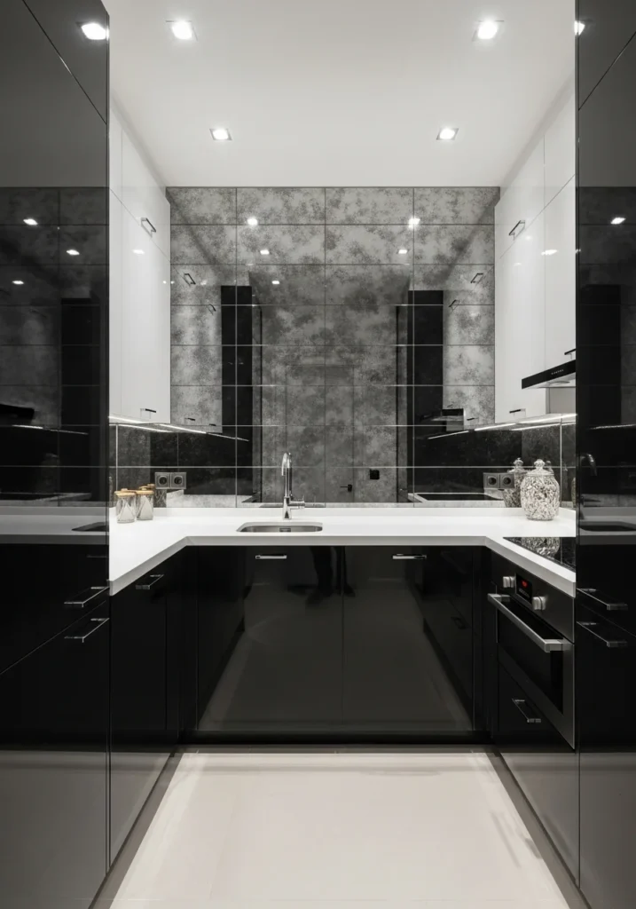 Mirrored tile backsplash making small kitchen feel larger and brighter
