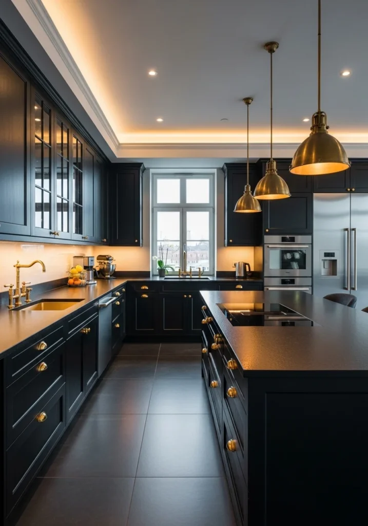 Black countertops with gold hardware for luxurious kitchen style