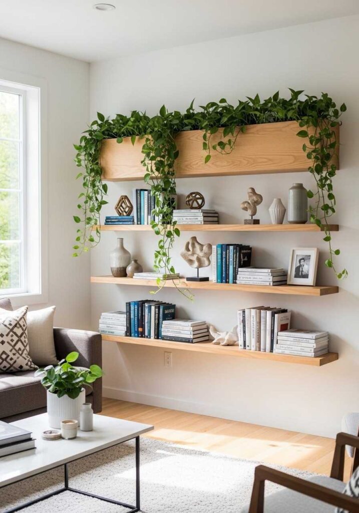 Wooden shelf with integrated planters bringing greenery and warmth to living room décor.