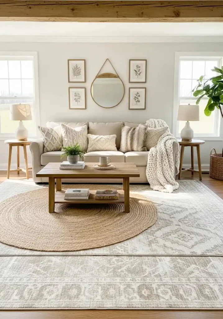 Layered rugs in farmhouse living room creating cozy textured floor design