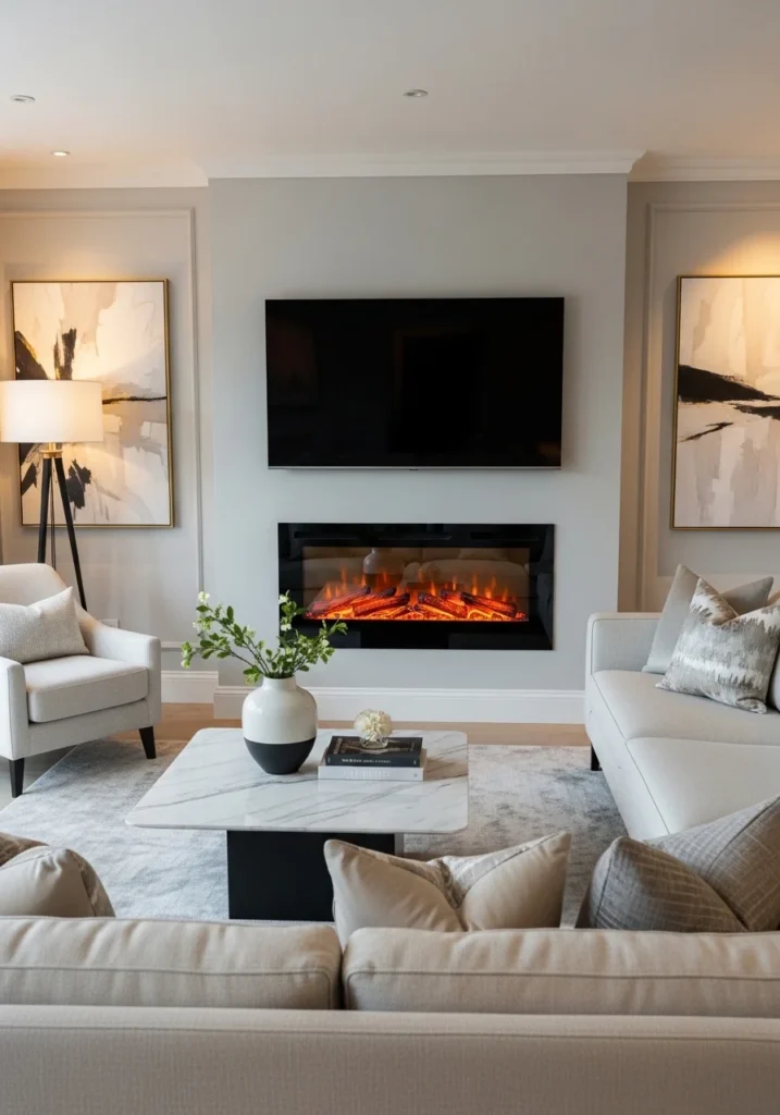 “Industrial living room with concrete TV wall, raw cement texture, mounted TV, metal and wood furniture, urban loft style, soft warm lighting, modern edgy design”