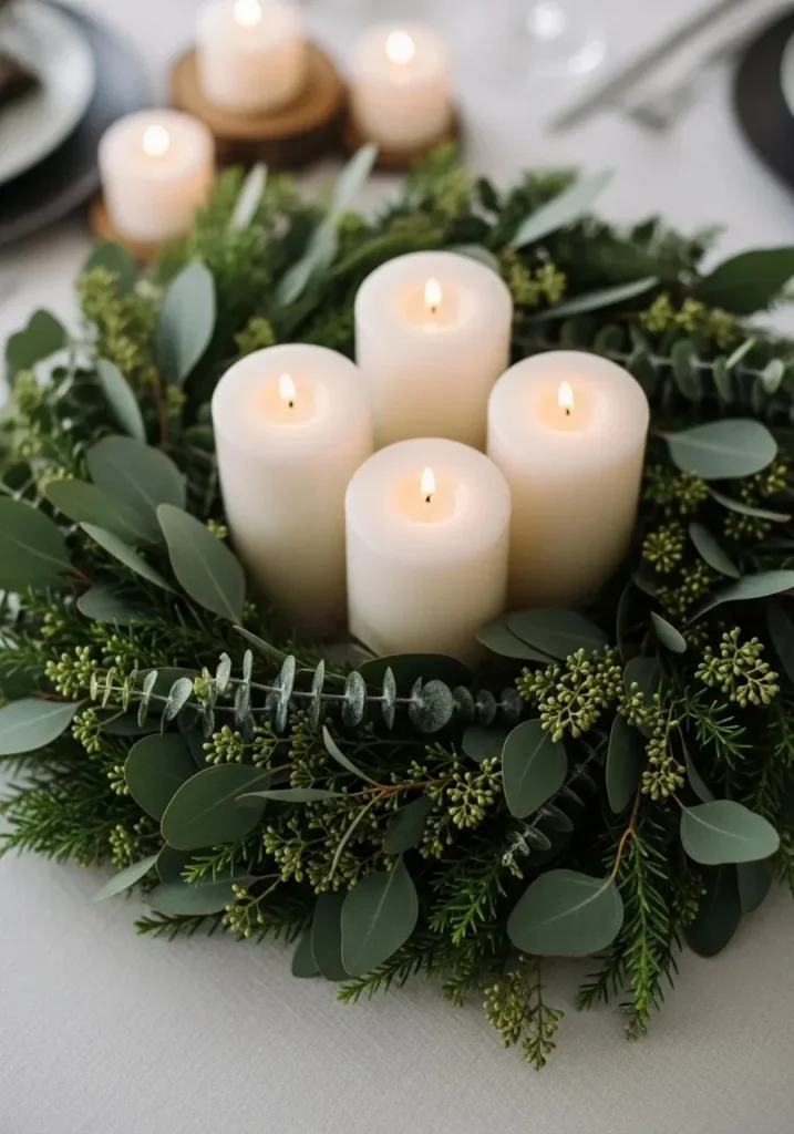Eucalyptus wreath centerpiece with candles for seasonal table decor