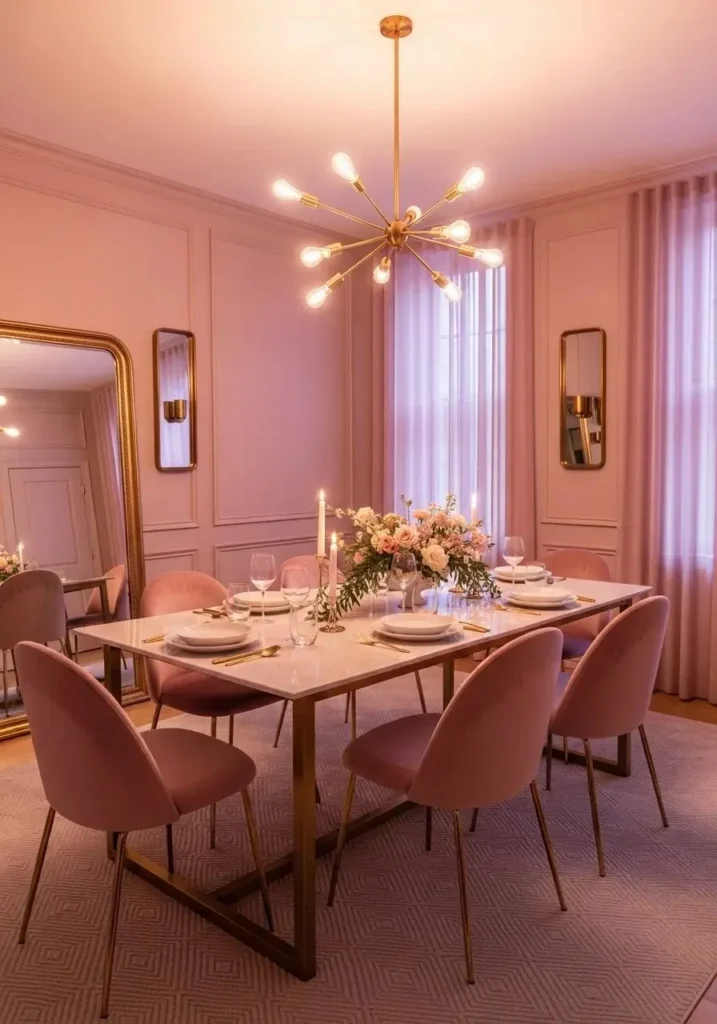 Dusty rose color drenched dining room with elegant decor