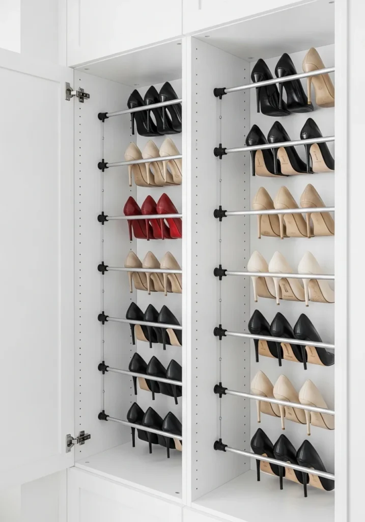 Tension rod shoe storage inside cabinet organizing heels vertically