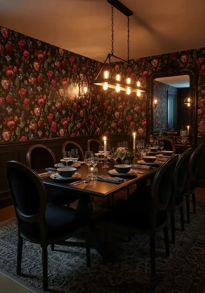 moody dining room with warm wood tones and dark walls