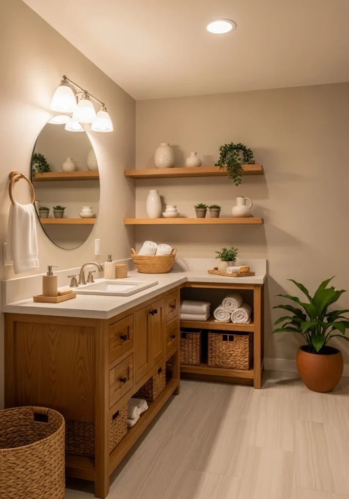 Primary bathroom with warm wood accents and natural cozy styling