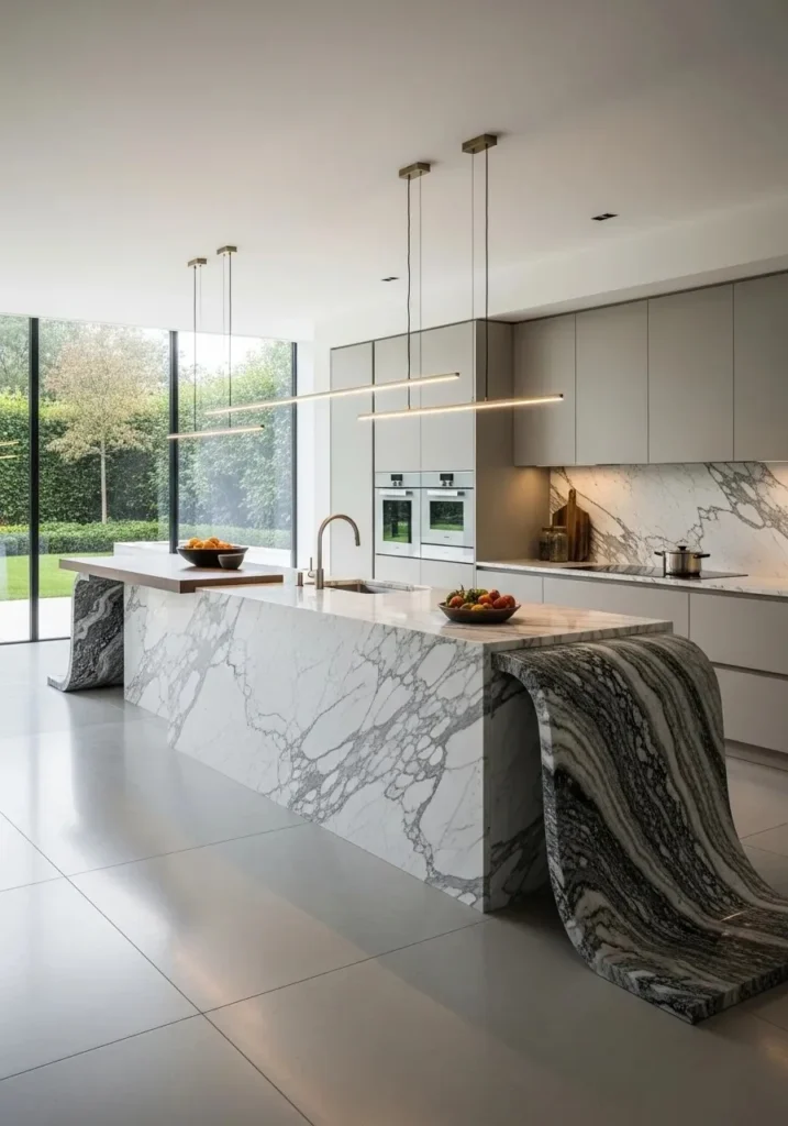Full-edge marble waterfall island as a kitchen centerpiece