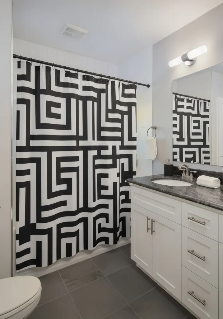 Black and white patterned curtain adding bold contrast to bathroom