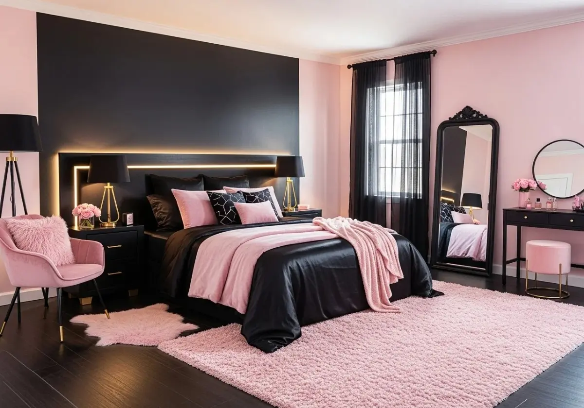 Beautiful pink and black bedroom look