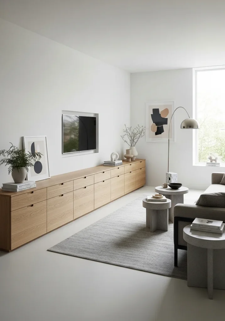 Japandi living room with functional hidden storage furniture