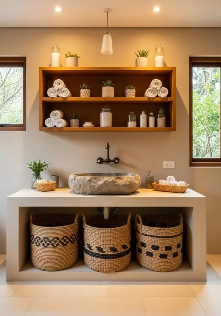 Bathroom with natural textures like wood and stone creating a warm and organic feel