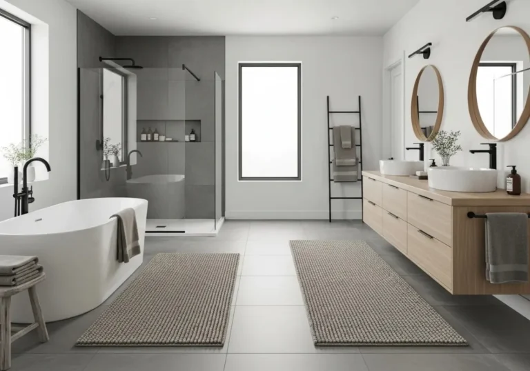 Full view of Bathroom with bathroom rugs look