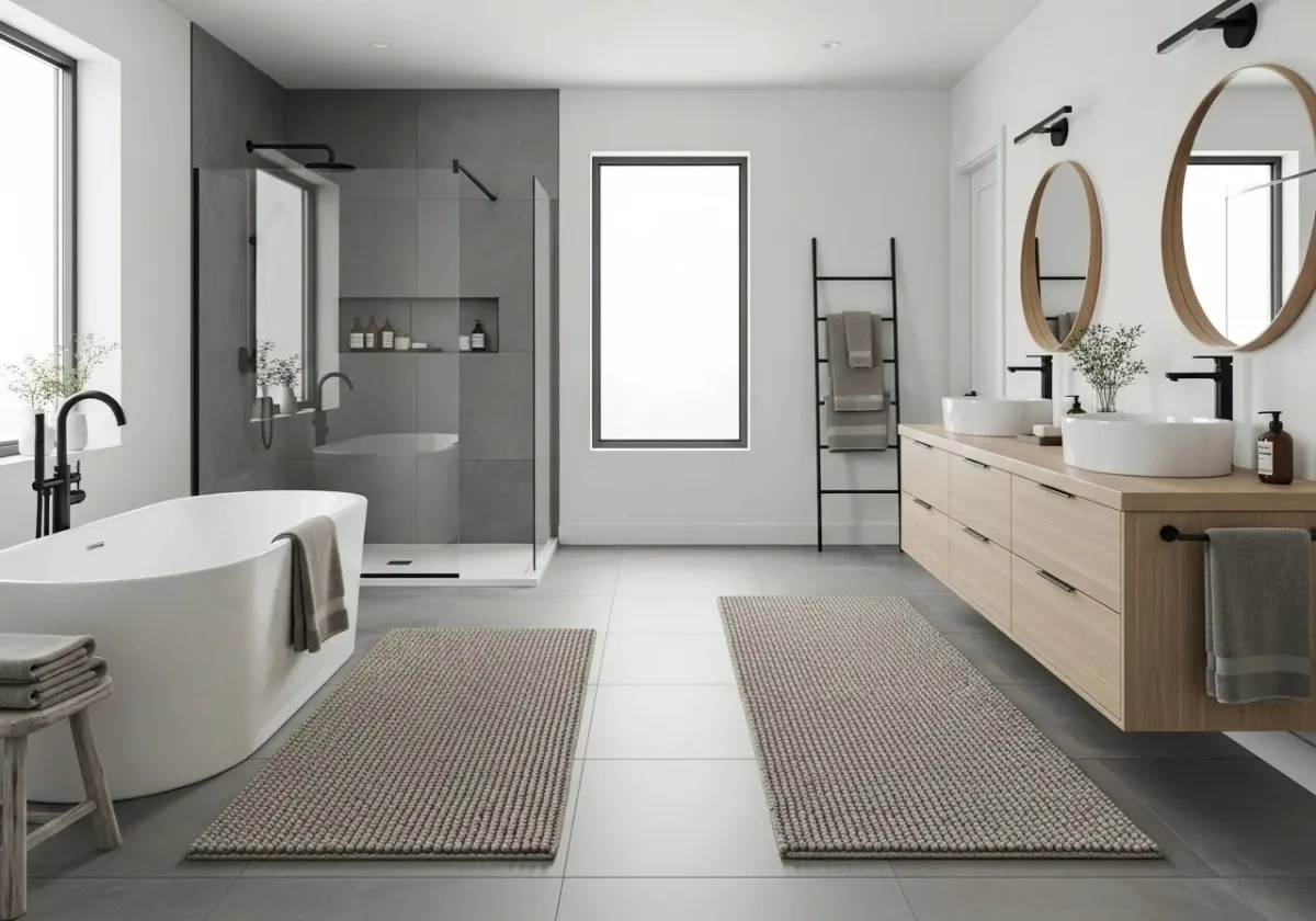 Full view of Bathroom with bathroom rugs look