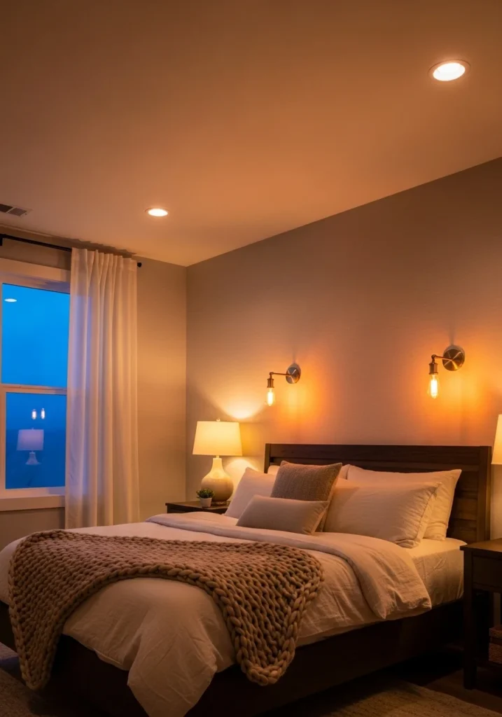 Layered lighting setup creating cozy mood in bedroom