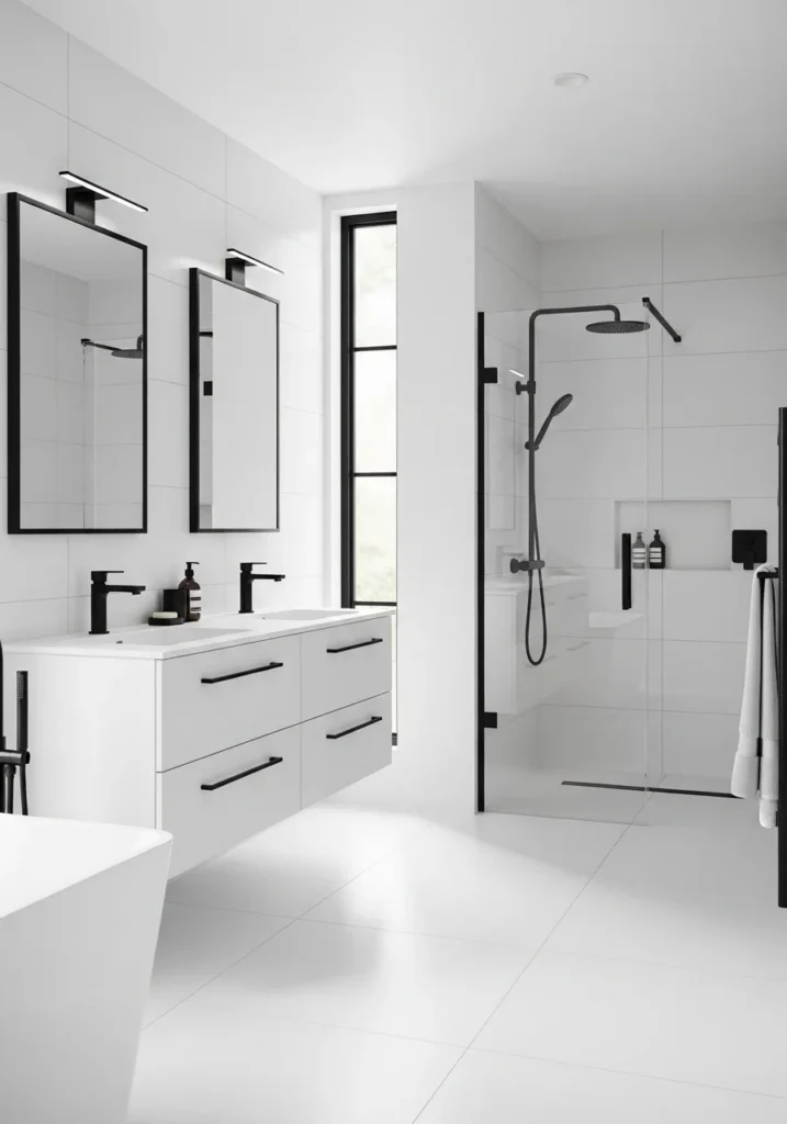 Bathroom with matte black fixtures adding bold contrast to a clean modern design