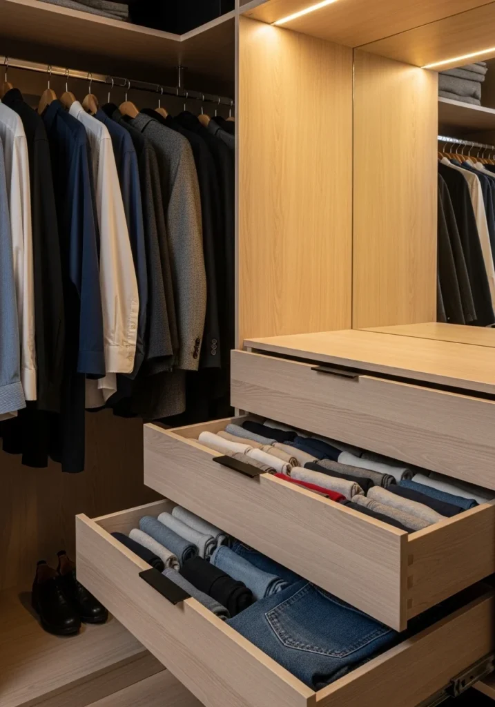 Pull out drawers under closet rods for extra storage