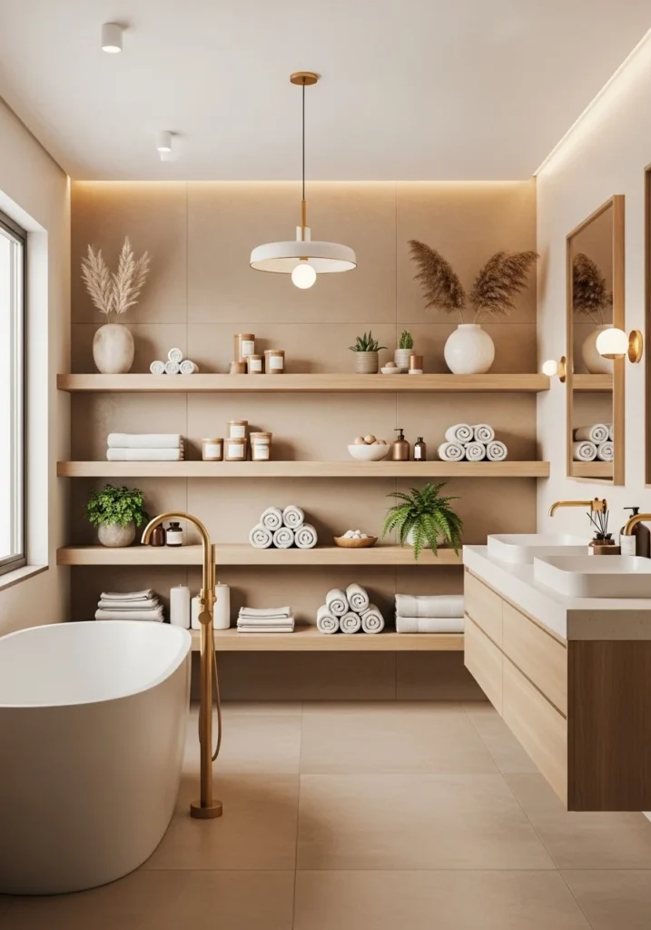 Open shelving in bathroom with stylish and functional decor