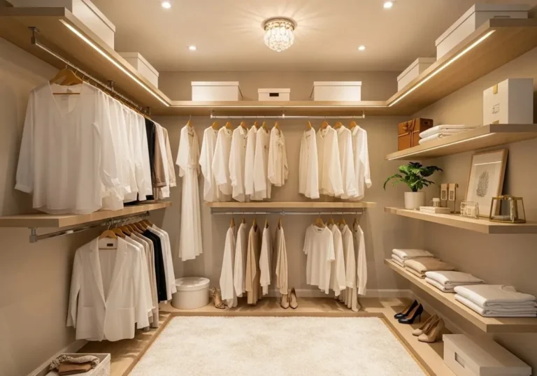Small walk in closet ideas with organized shelves and boutique style design