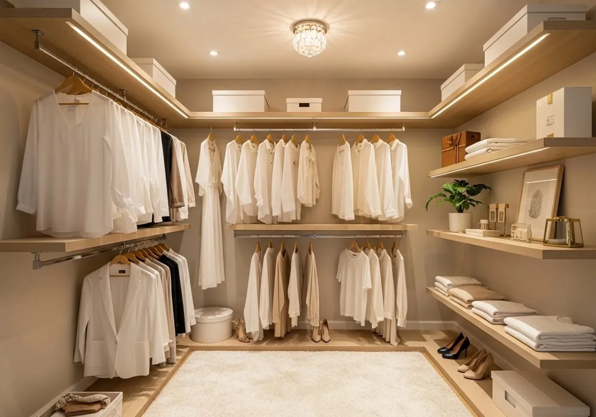 Small walk in closet ideas with organized shelves and boutique style design