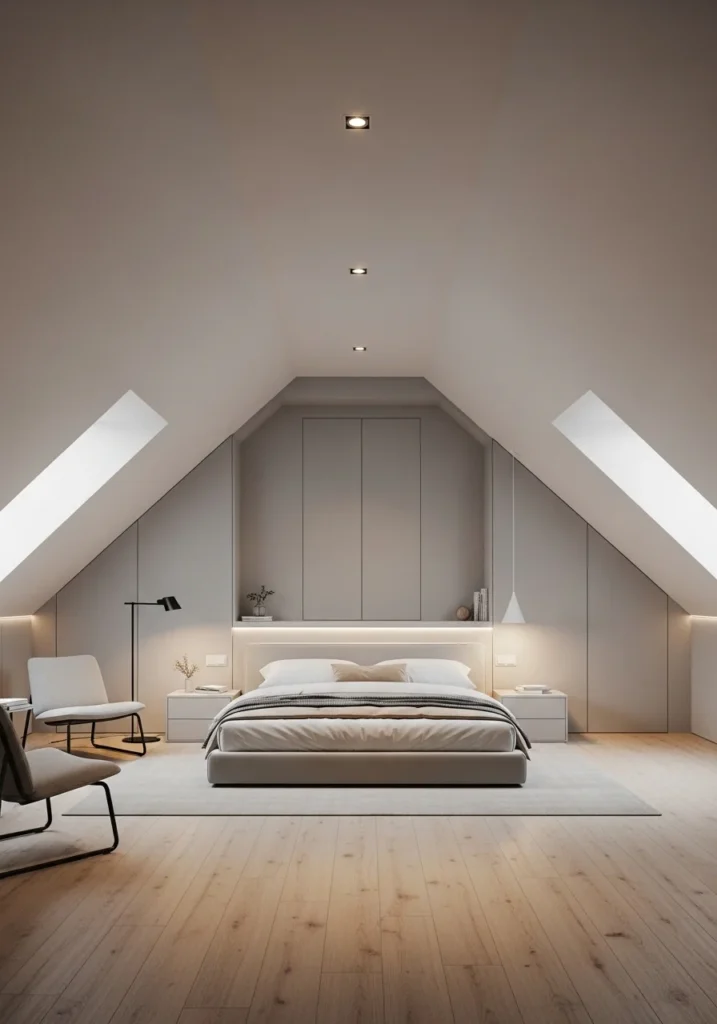 Minimal attic bedroom with hidden storage and clean clutter-free design