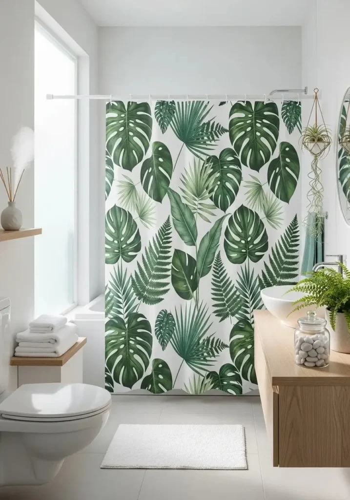 Botanical print bathroom curtain creating a calm nature-inspired space
