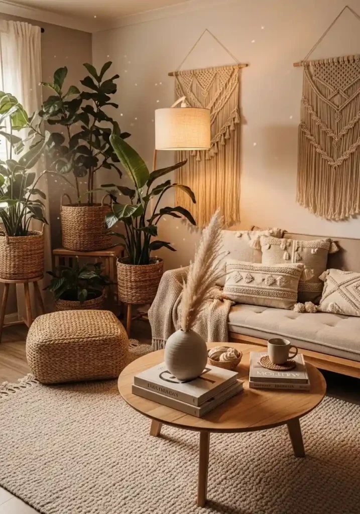 Woven basket planters with large indoor plants in a cozy living room