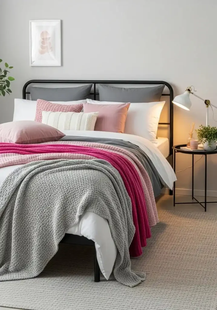 Black bed styled with soft pink throws for a cozy modern look
