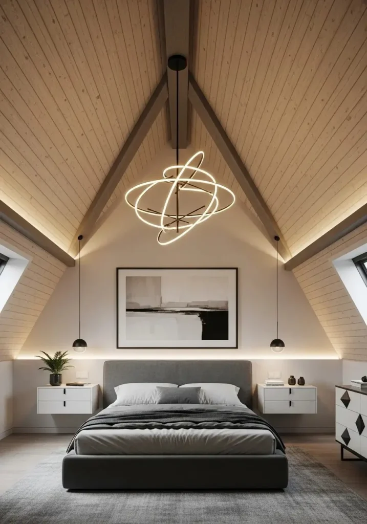 Modern attic bedroom featuring a statement light fixture and sleek design
