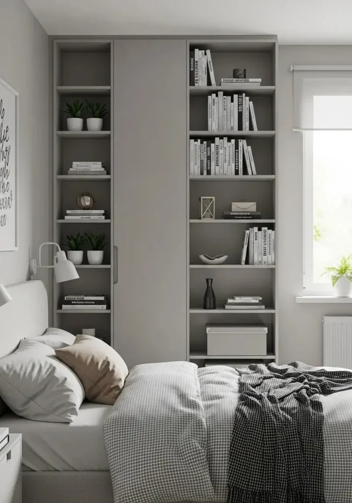 Small bedroom with vertical wall storage and tall shelves maximizing space