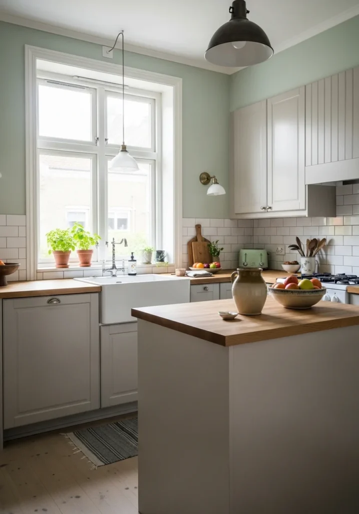 Light green kitchen walls with neutral cabinets and soft lighting
