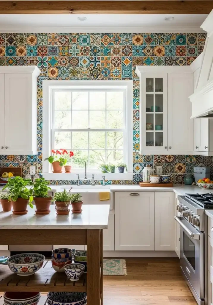 Colorful patchwork tile backsplash adding personality to kitchen