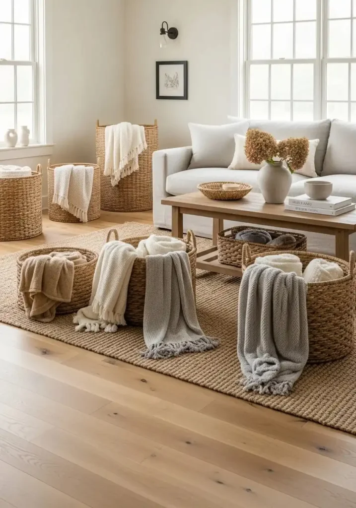 Woven baskets used for storage in farmhouse living room with cozy decor