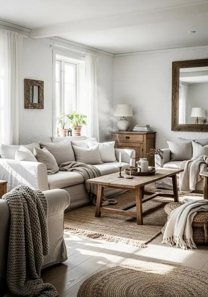 Whitewashed farmhouse living room walls with warm natural wooden decor