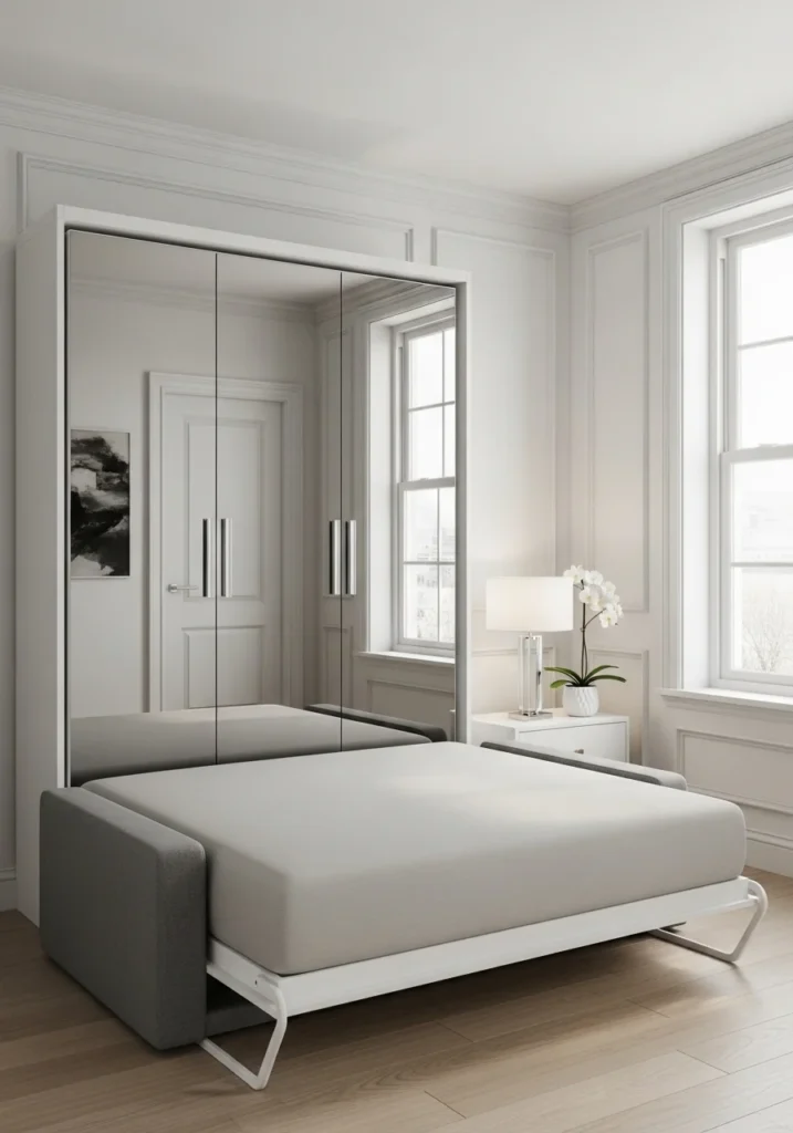 Murphy bed with mirror panels making small room look bigger