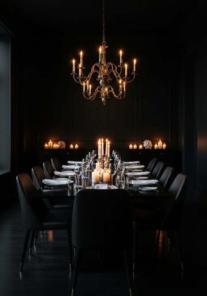 Black dining room with dramatic color drenching and candlelight