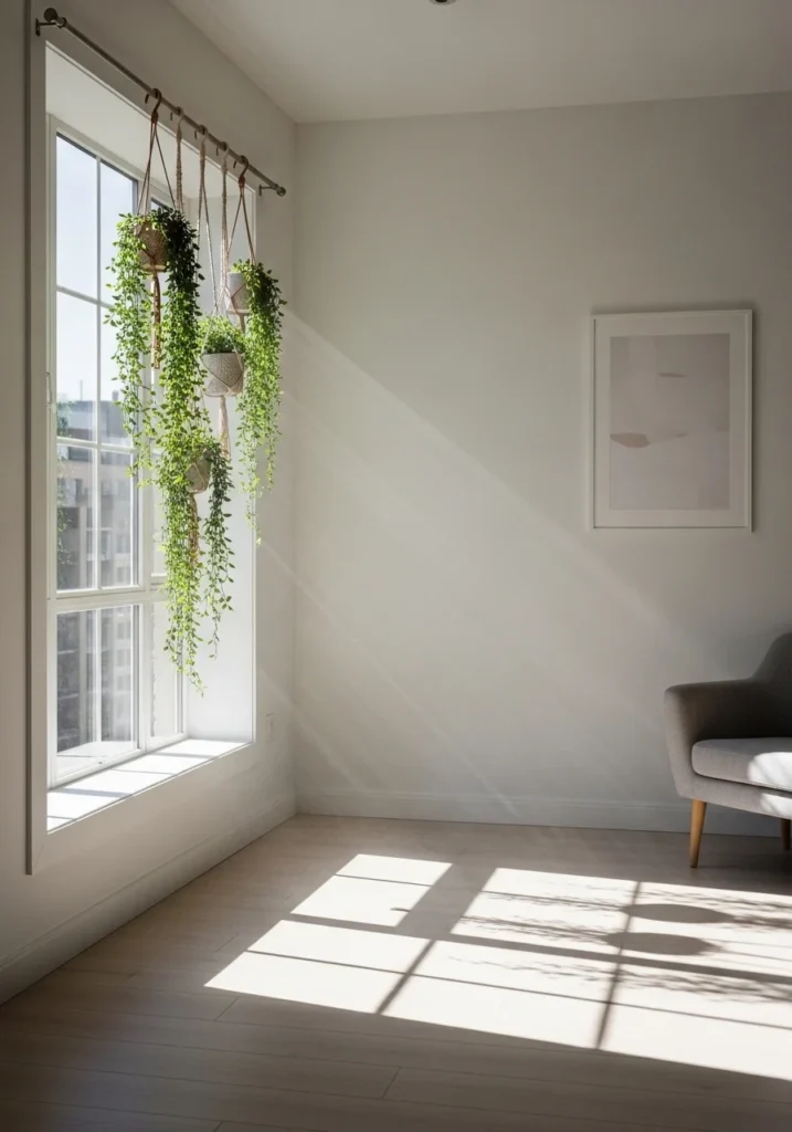 curtain rod hanging plants indoor small apartment idea