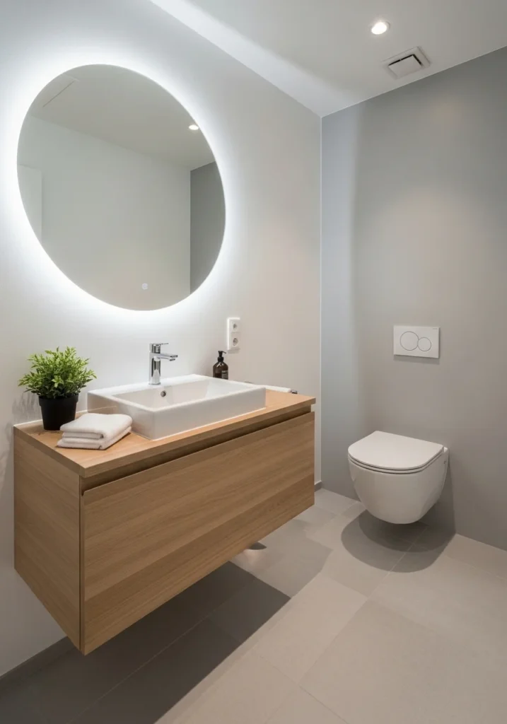Wall-mounted vanity and fixtures creating more space in a small bathroom with walk-in shower