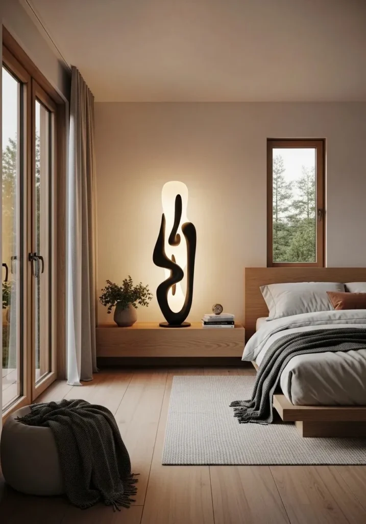 Statement lamp acting as decor in modern bedroom