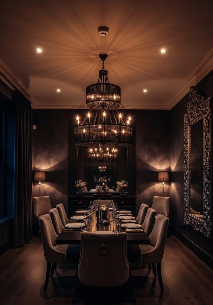 moody dining room with dramatic chandelier and warm lighting