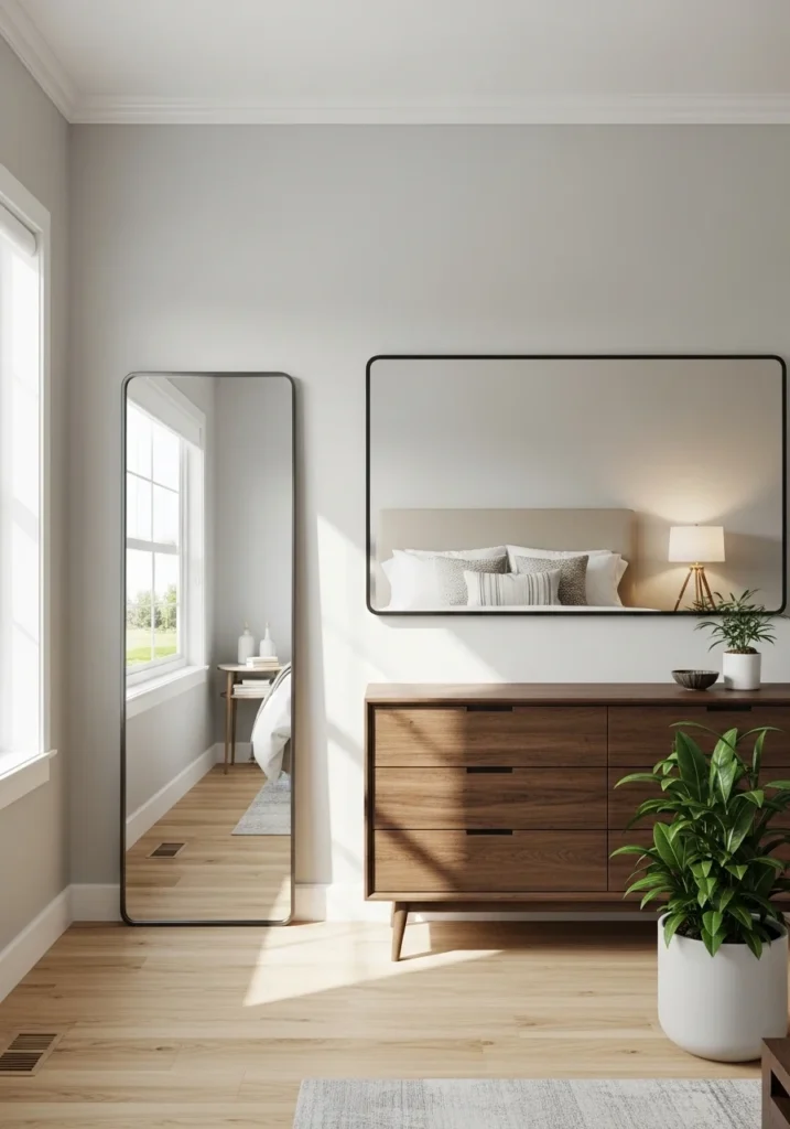Guest room mirrors expanding the space visually and reflecting natural light for brightness