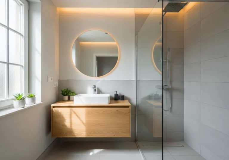 Small bathroom with walk-in shower ideas featuring frameless glass, neutral tiles, and modern floating vanity