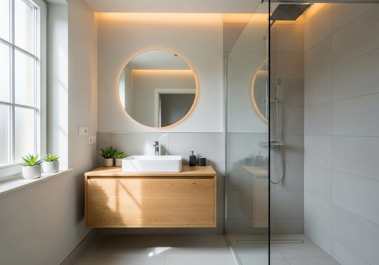 Small bathroom with walk-in shower ideas featuring frameless glass, neutral tiles, and modern floating vanity