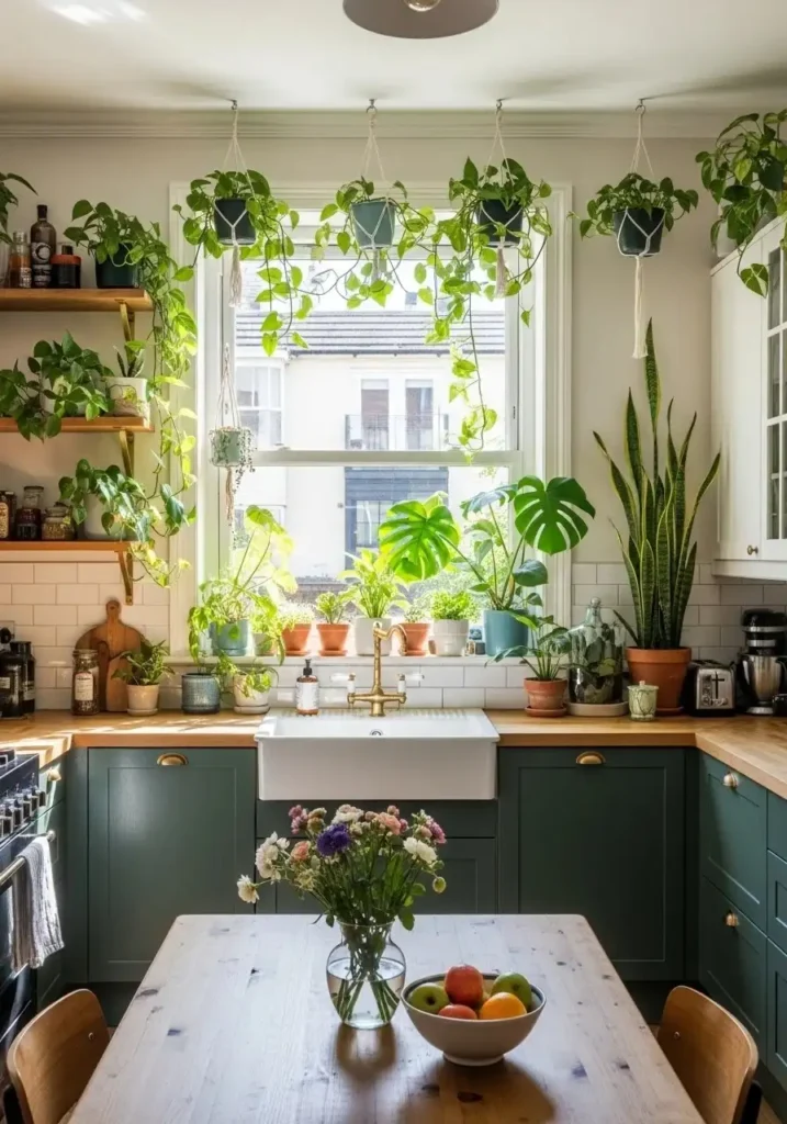 Green kitchen with indoor plants for natural fresh look