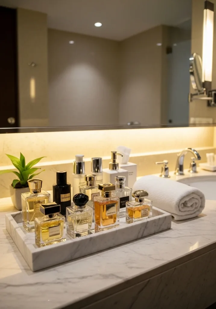 Countertop tray organizing bathroom essentials in a clean spa-style setup.