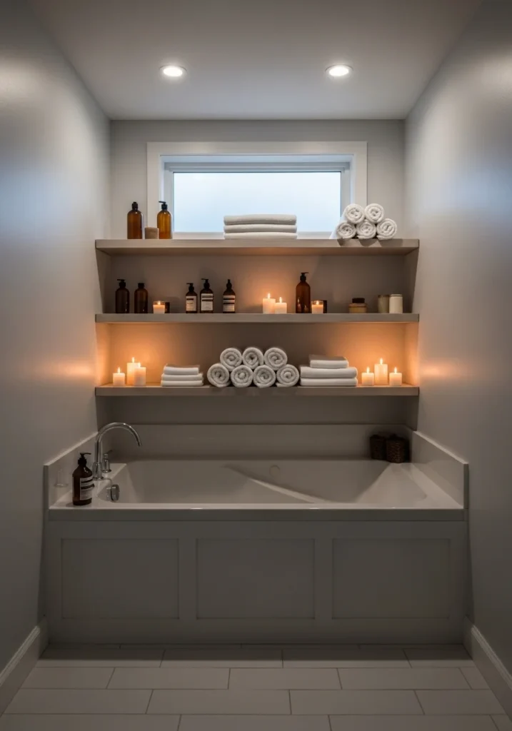Wall-mounted shelves above tub for organized and space-saving bathroom storage