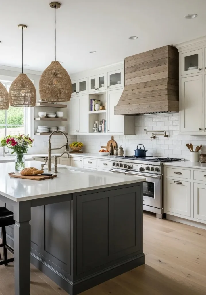 Beadboard kitchen island adding texture and style to space