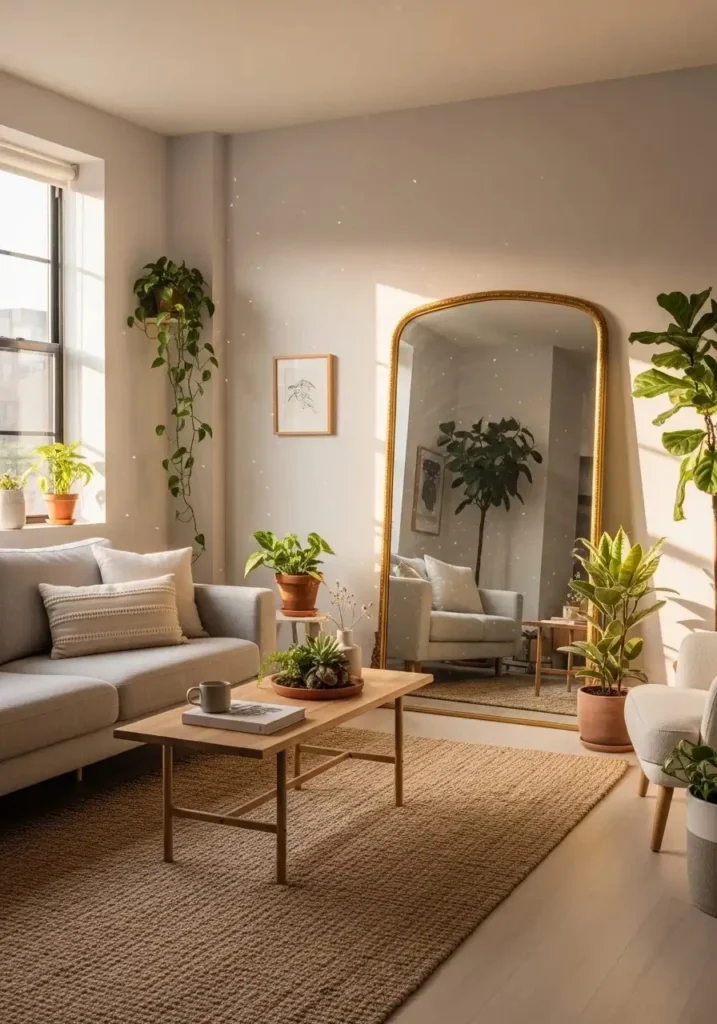 Large mirror in apartment living room reflecting light to make the space look bigger and brighter