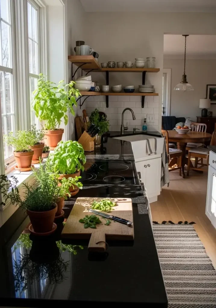 Black countertops with greenery adding fresh natural touch to kitchen
